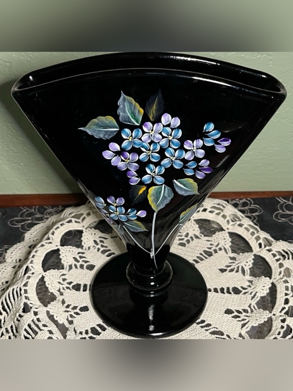 Vintage Fenton Black Amethyst Fan Vase – Hand Painted & Signed